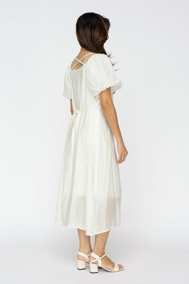 Puff Sleeve Cross Back Dress - Cream - Image 7