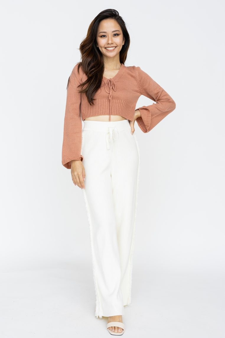 Fringe Ribbed Long Knit Pants - Cream - Image 3
