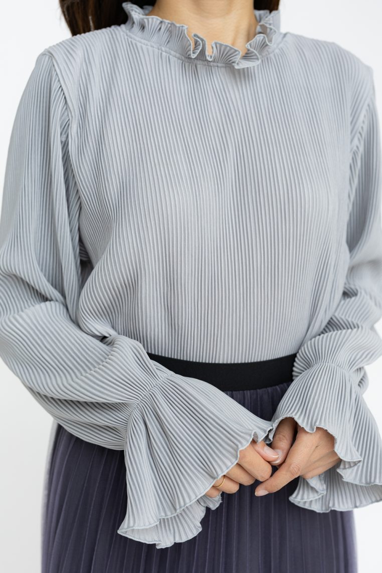 Alternative view of Full Pleat High Neck Long Sleeve Blouse - Grey