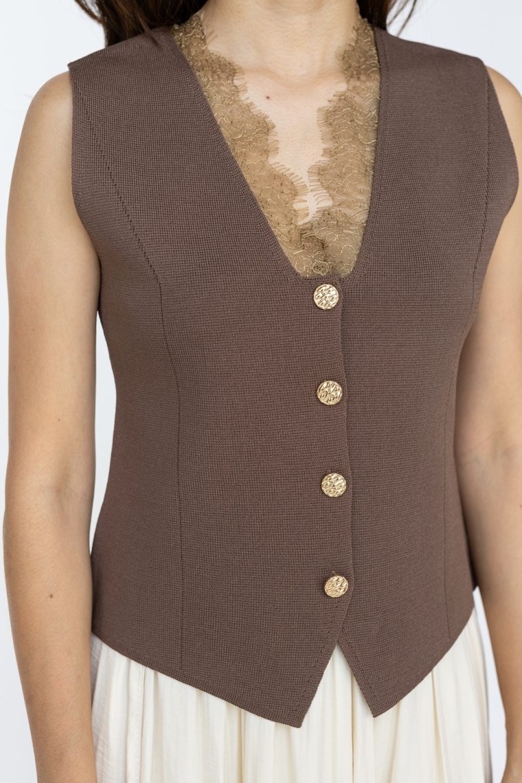 Alternative view of Lace Trim Button Vest - Brown