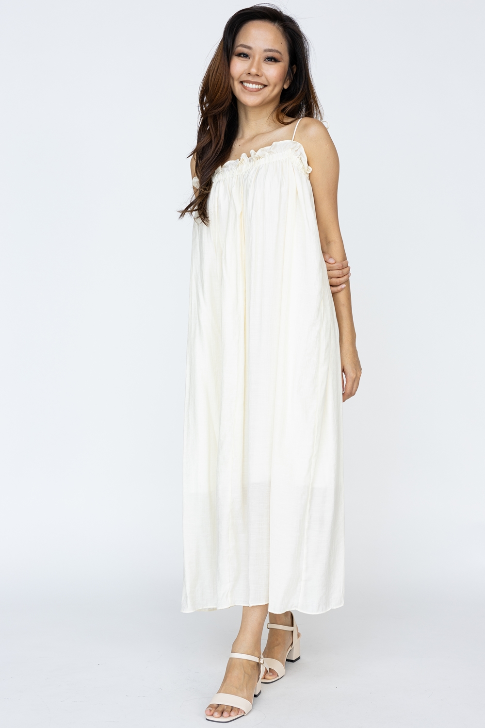 Ruffle Self Tie Strap Maxi Dress - Cream - Image 4