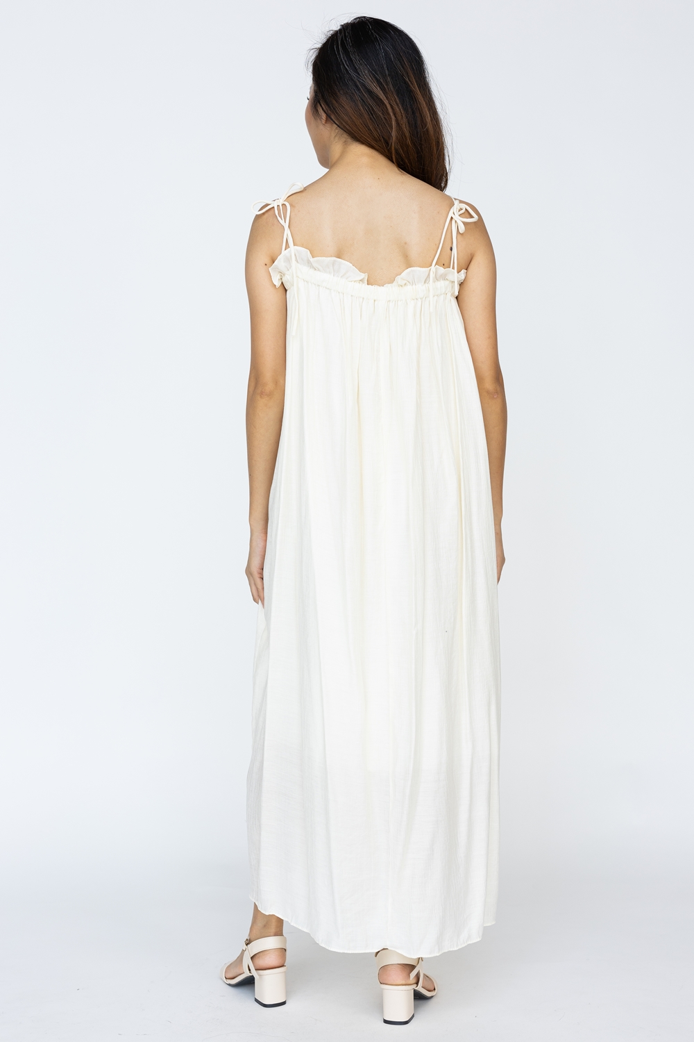 Ruffle Self Tie Strap Maxi Dress - Cream - Image 6