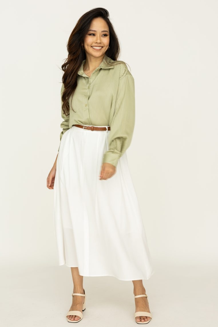 Flare Midi Skirt with Belt - White