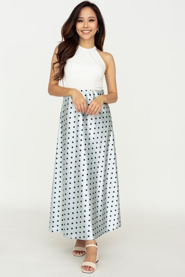 Polka Dot Satin A Line Maxi Skirt - Baby Blue - Image 3