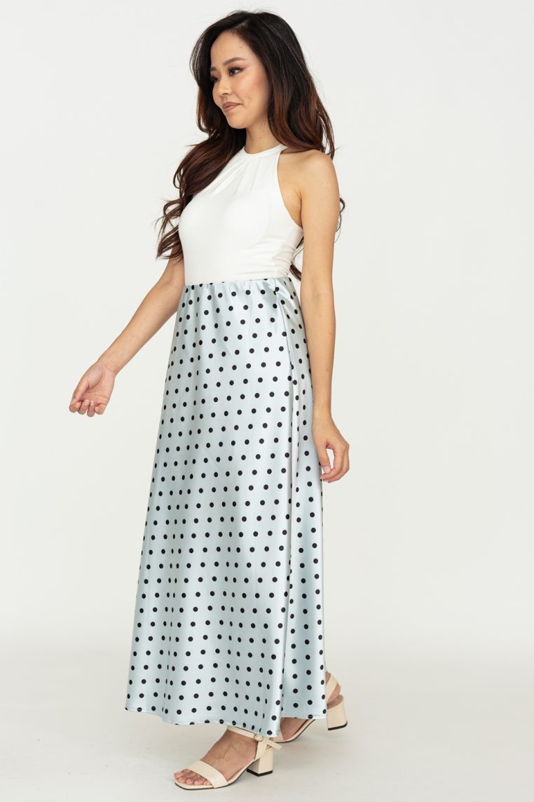 Polka Dot Satin A Line Maxi Skirt - Baby Blue - Image 4