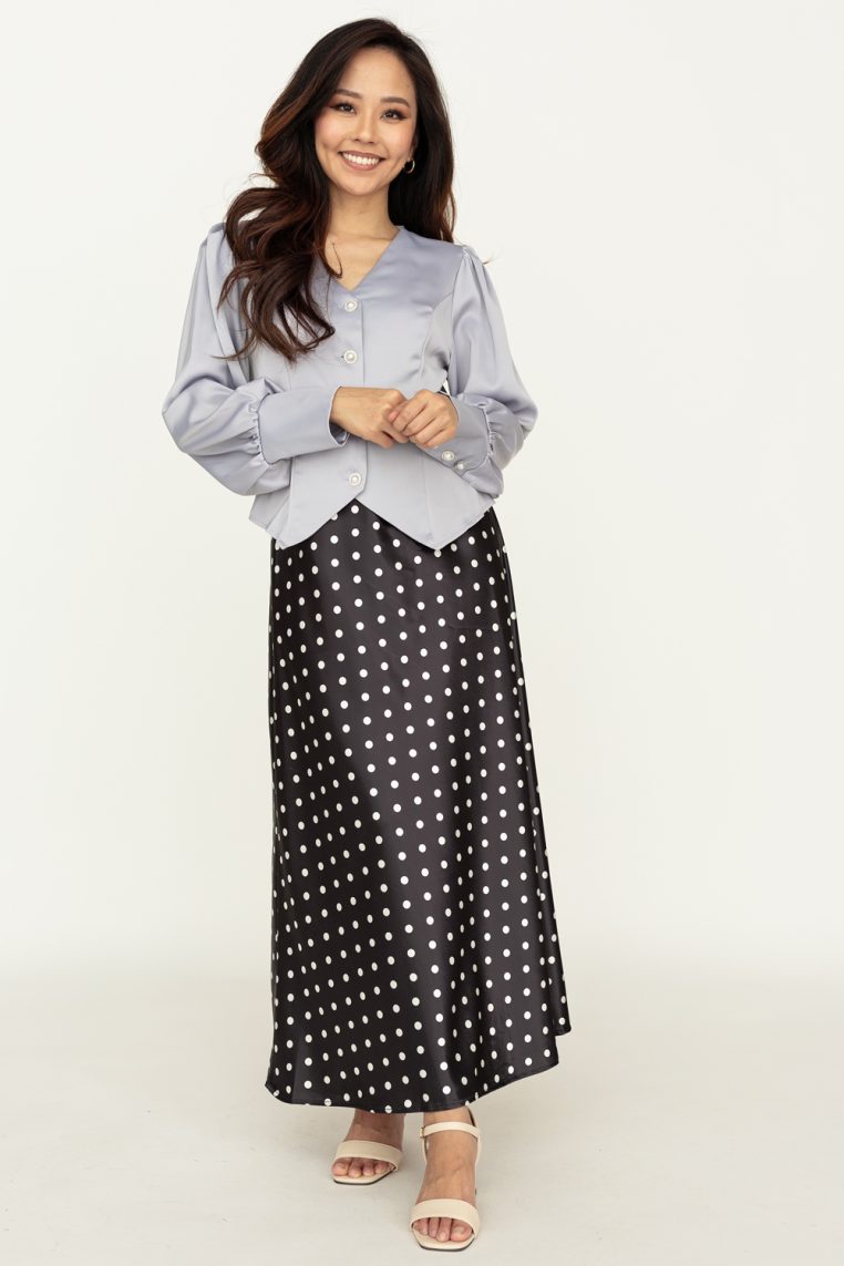 Polka Dot Satin A Line Maxi Skirt - Black