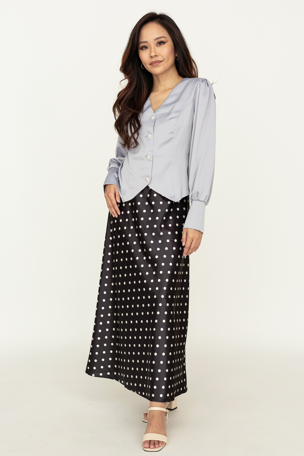 Polka Dot Satin A Line Maxi Skirt - Black - Image 3