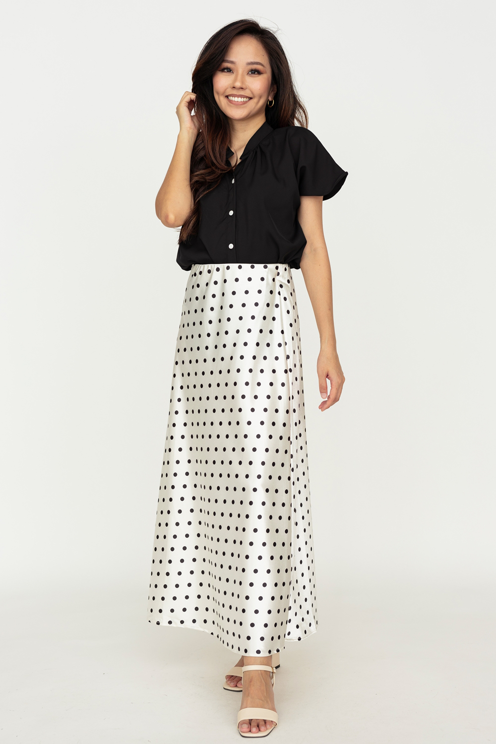 Polka Dot Satin A Line Maxi Skirt - Champagne