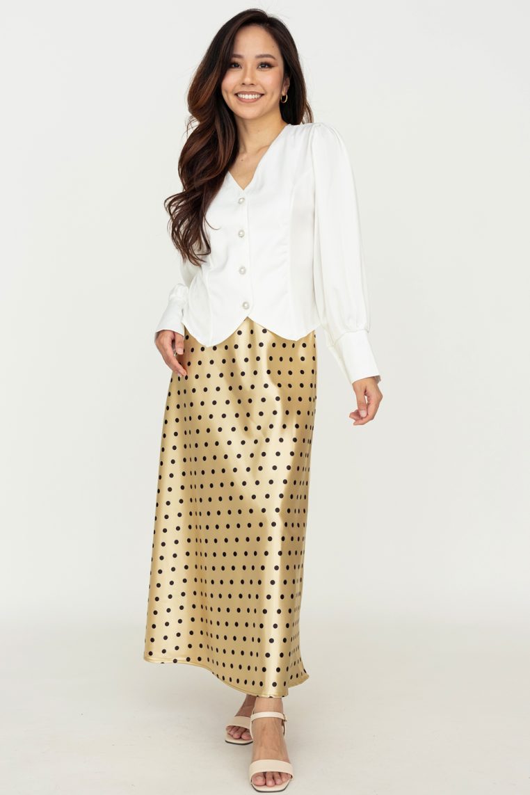 Polka Dot Satin A Line Maxi Skirt - Gold