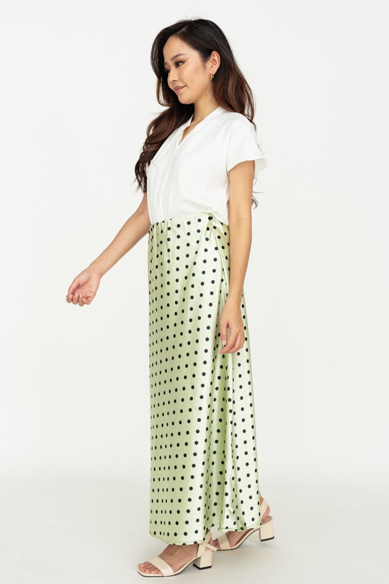Polka Dot Satin A Line Maxi Skirt - Sage - Image 4