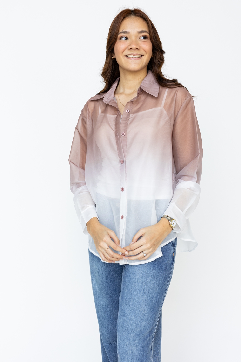 Ombre Print Long Sleeve Shirt - Brown - Image 5