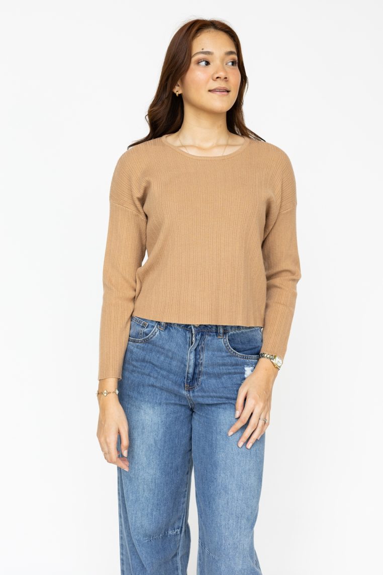 Long Sleeve Ribbed Knit Top - Khaki