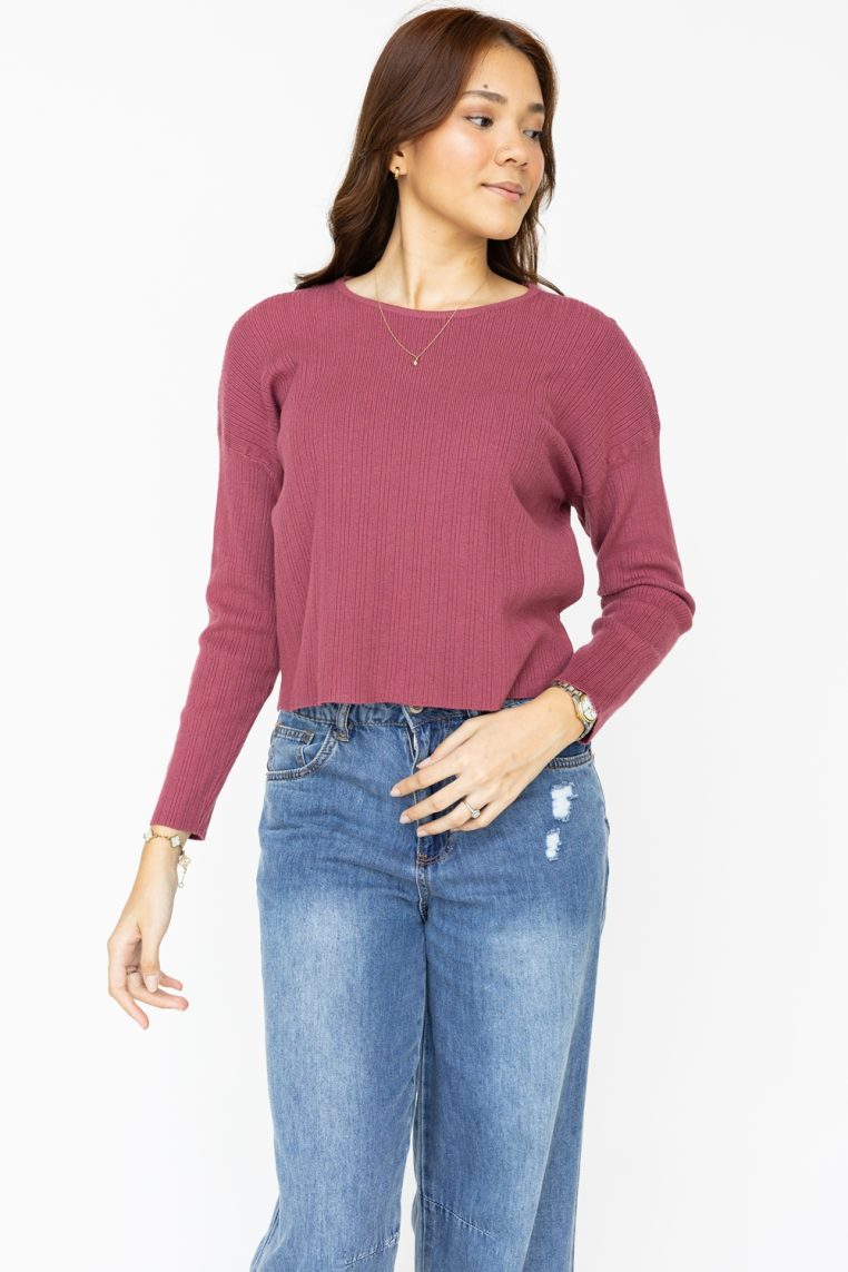 Long Sleeve Ribbed Knit Top - Plum