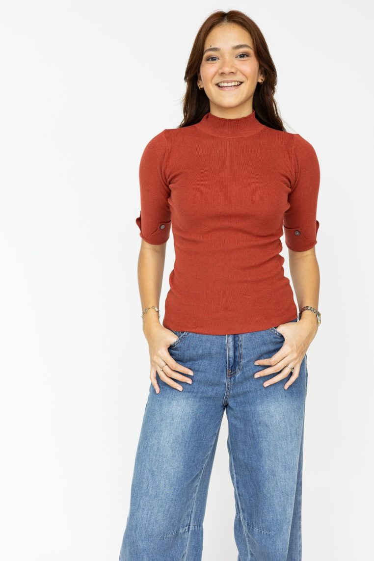 Button Sleeve High Neck Knit Top - Brick Red