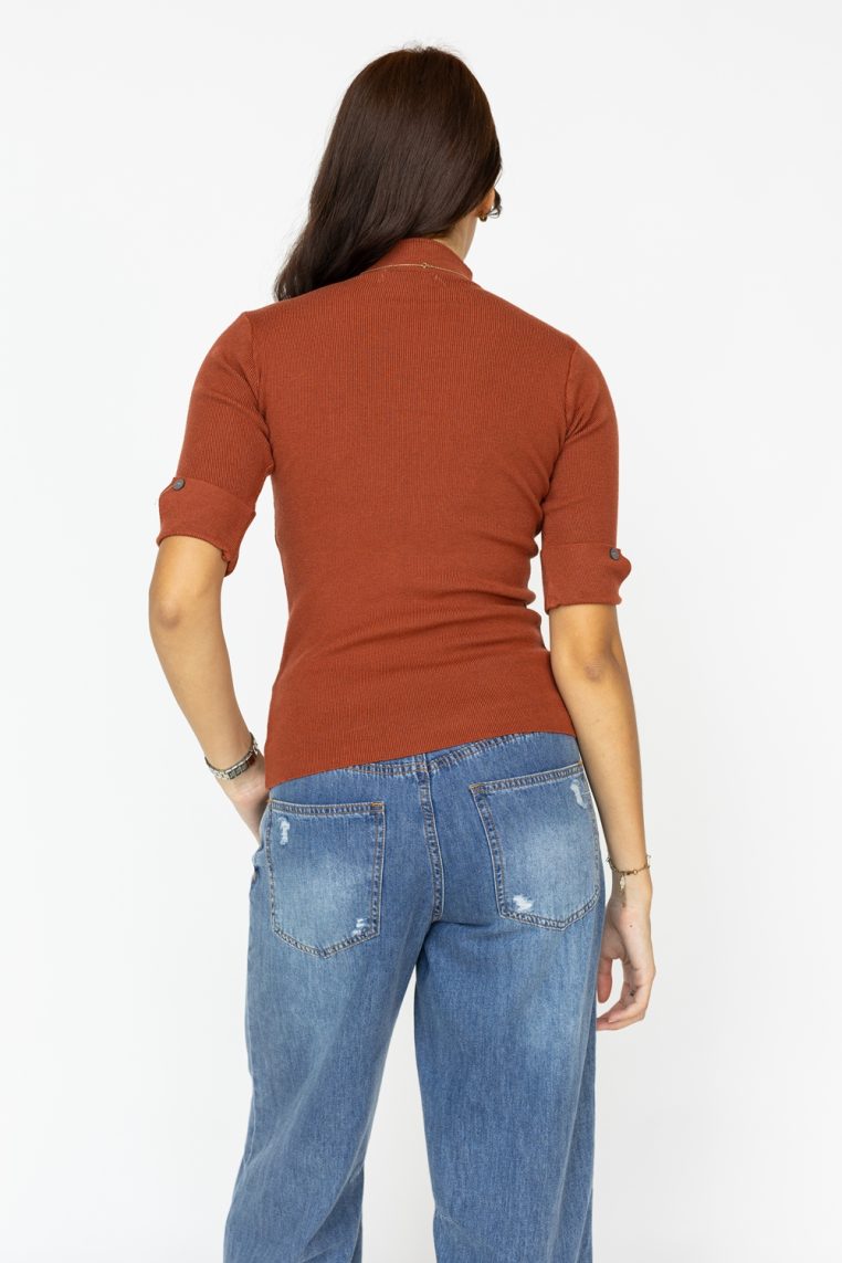 Alternative view of Button Sleeve High Neck Knit Top - Brown