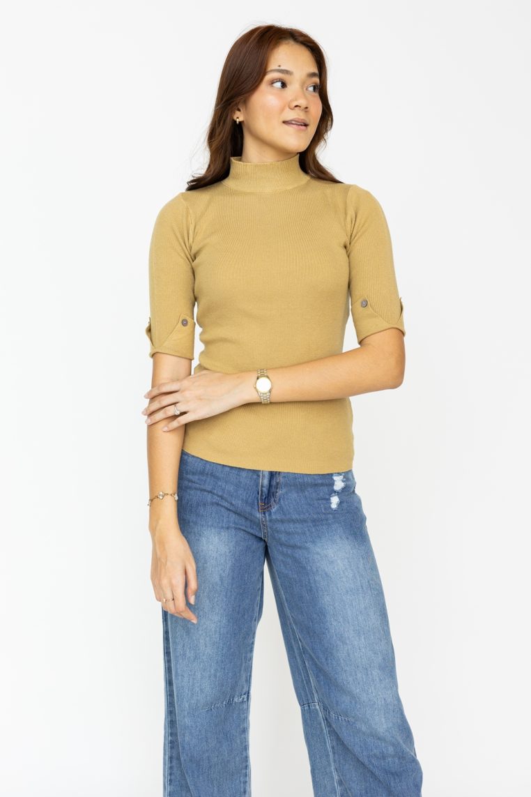 Button Sleeve High Neck Knit Top - Khaki