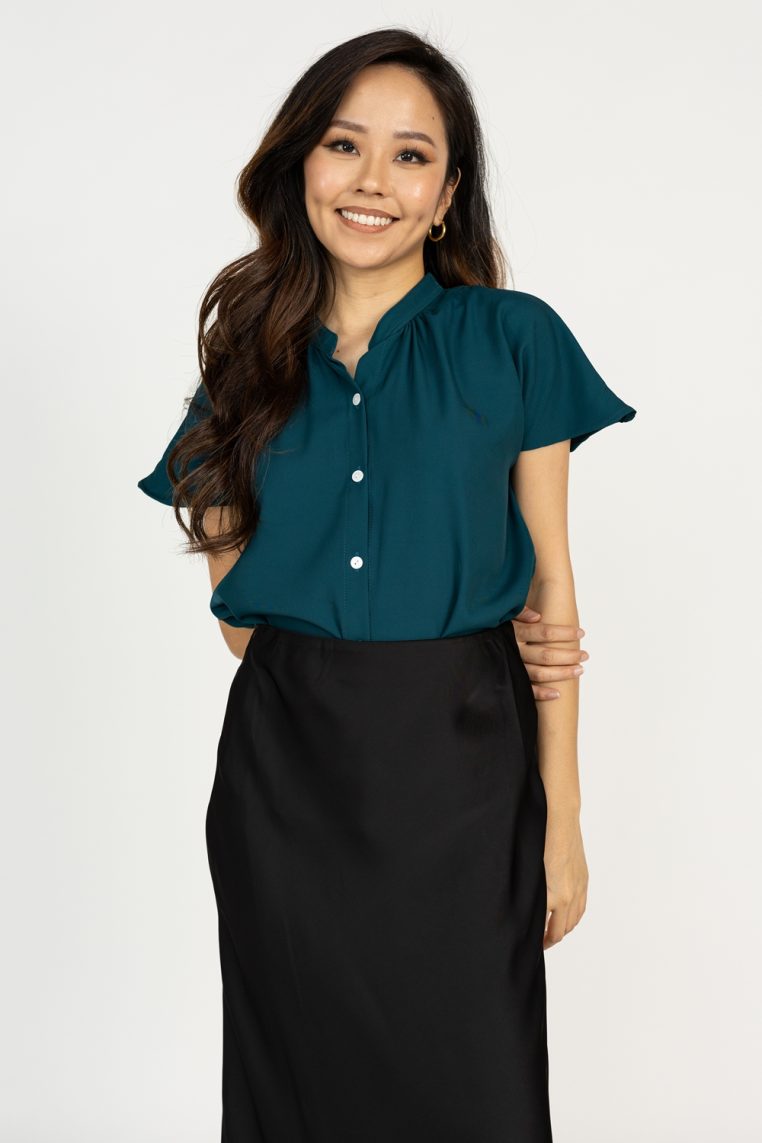 Mandarin Collar Button Shirt - Emerald Green