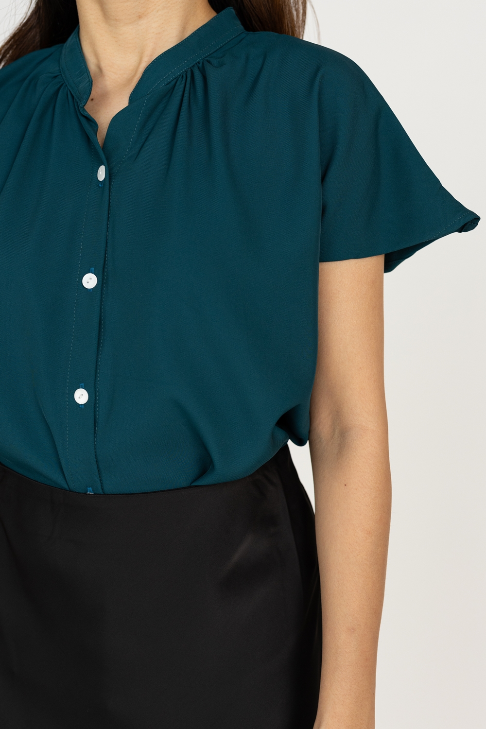 Mandarin Collar Button Shirt - Emerald Green - Image 8
