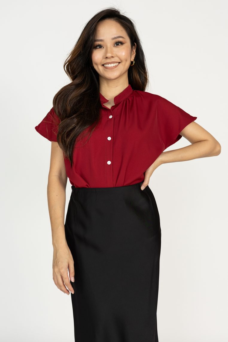 Mandarin Collar Button Shirt - Maroon - Image 3