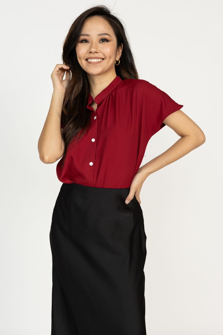 Mandarin Collar Button Shirt - Maroon - Image 4