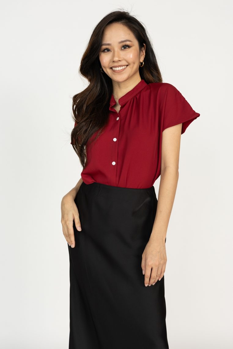 Mandarin Collar Button Shirt - Maroon