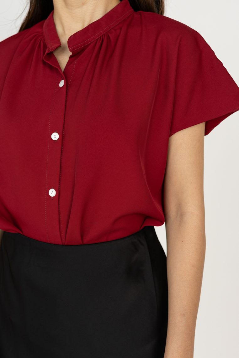 Mandarin Collar Button Shirt - Maroon - Image 8