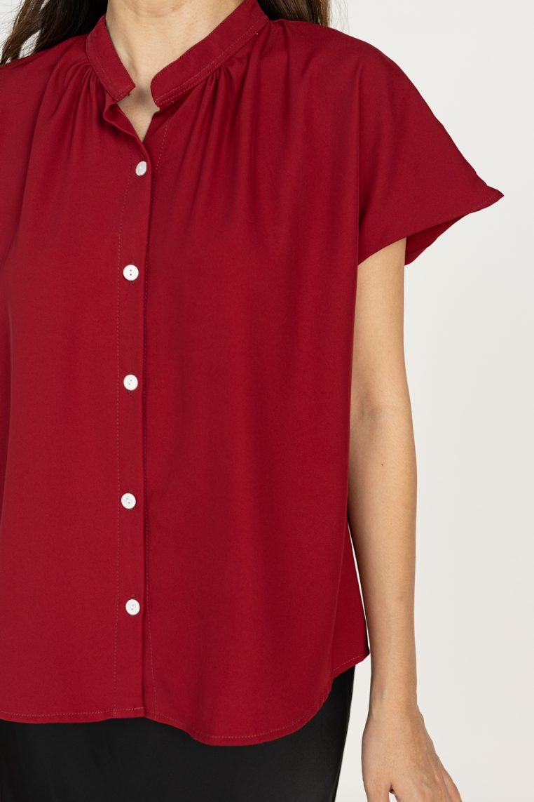 Mandarin Collar Button Shirt - Maroon - Image 2