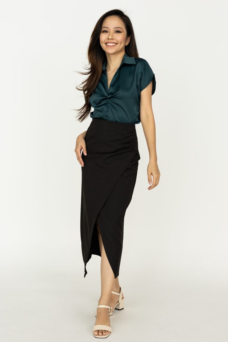 Tulip Draped Midi Skirt - Black