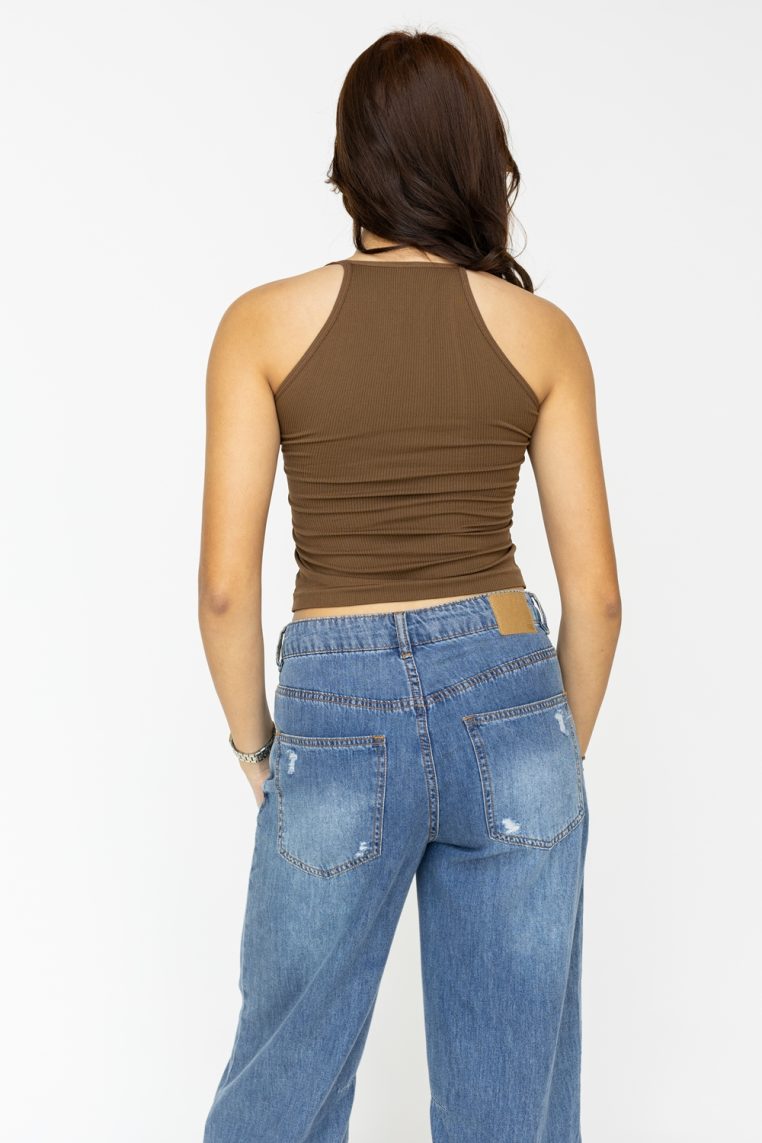 Alternative view of Halter Padded Ribbed Top - Brown