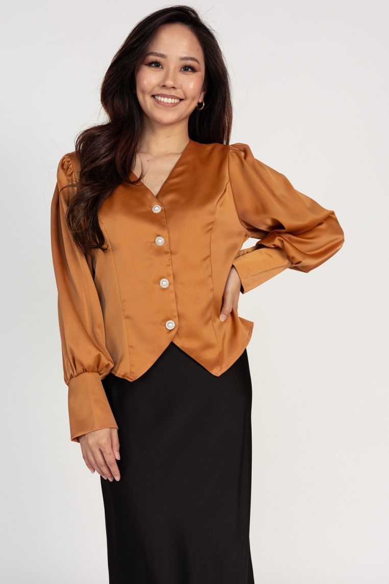 Bishop Sleeve Satin Button Blouse - Burnt Orange