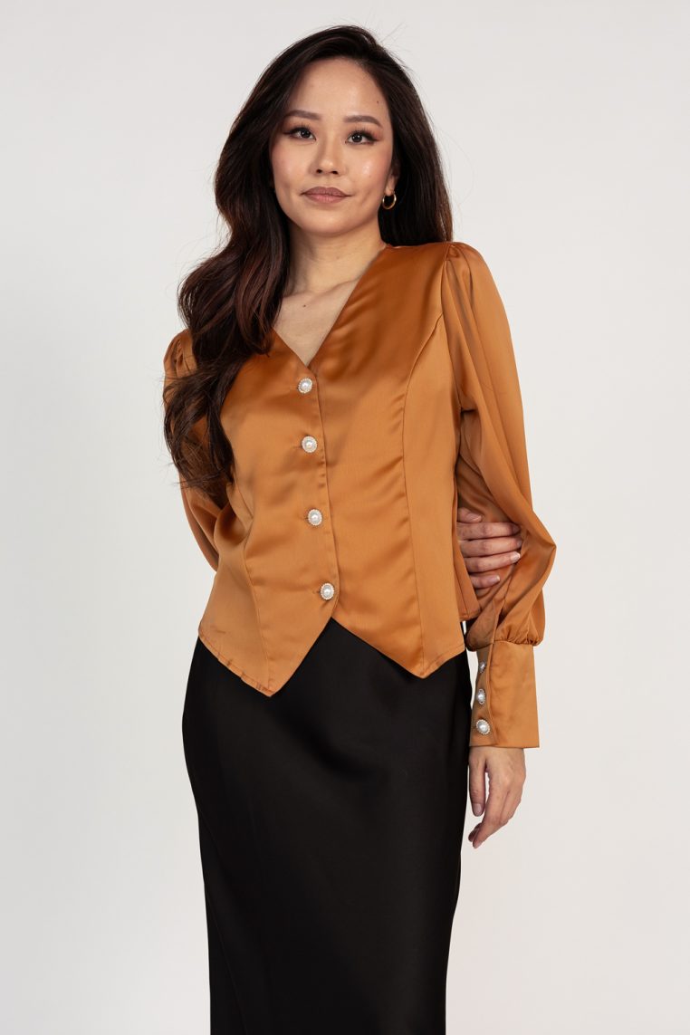 Bishop Sleeve Satin Button Blouse - Burnt Orange - Image 4