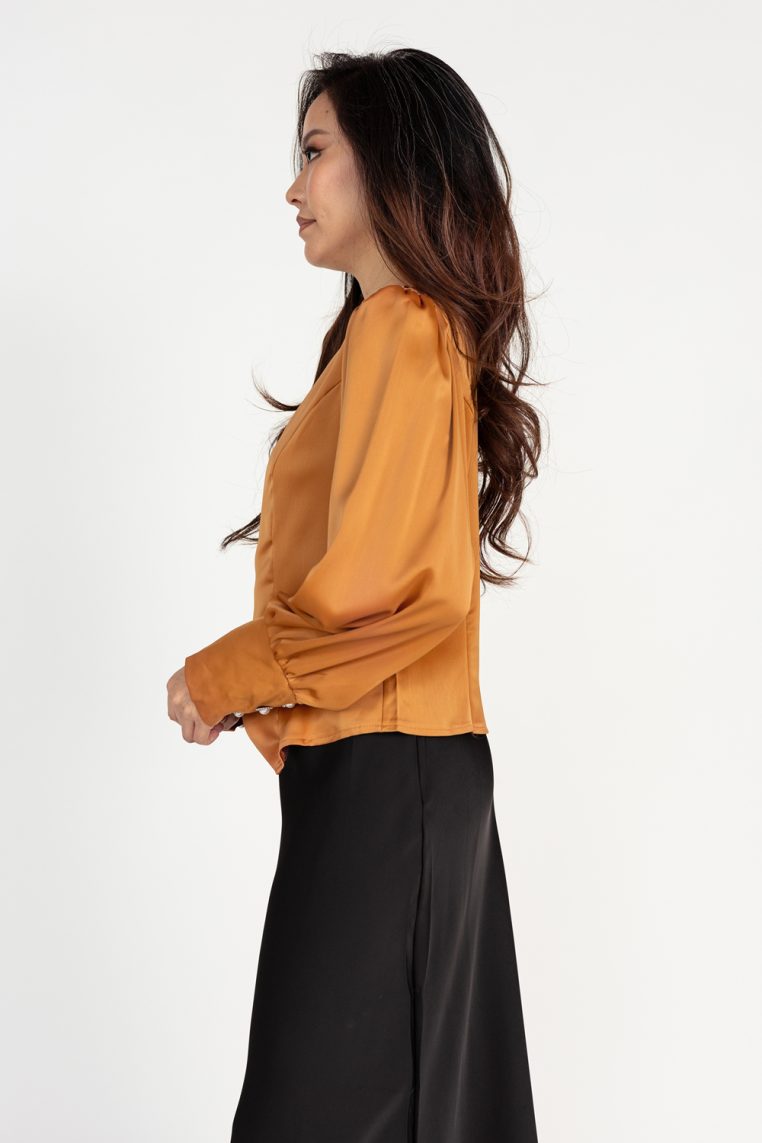 Bishop Sleeve Satin Button Blouse - Burnt Orange - Image 6