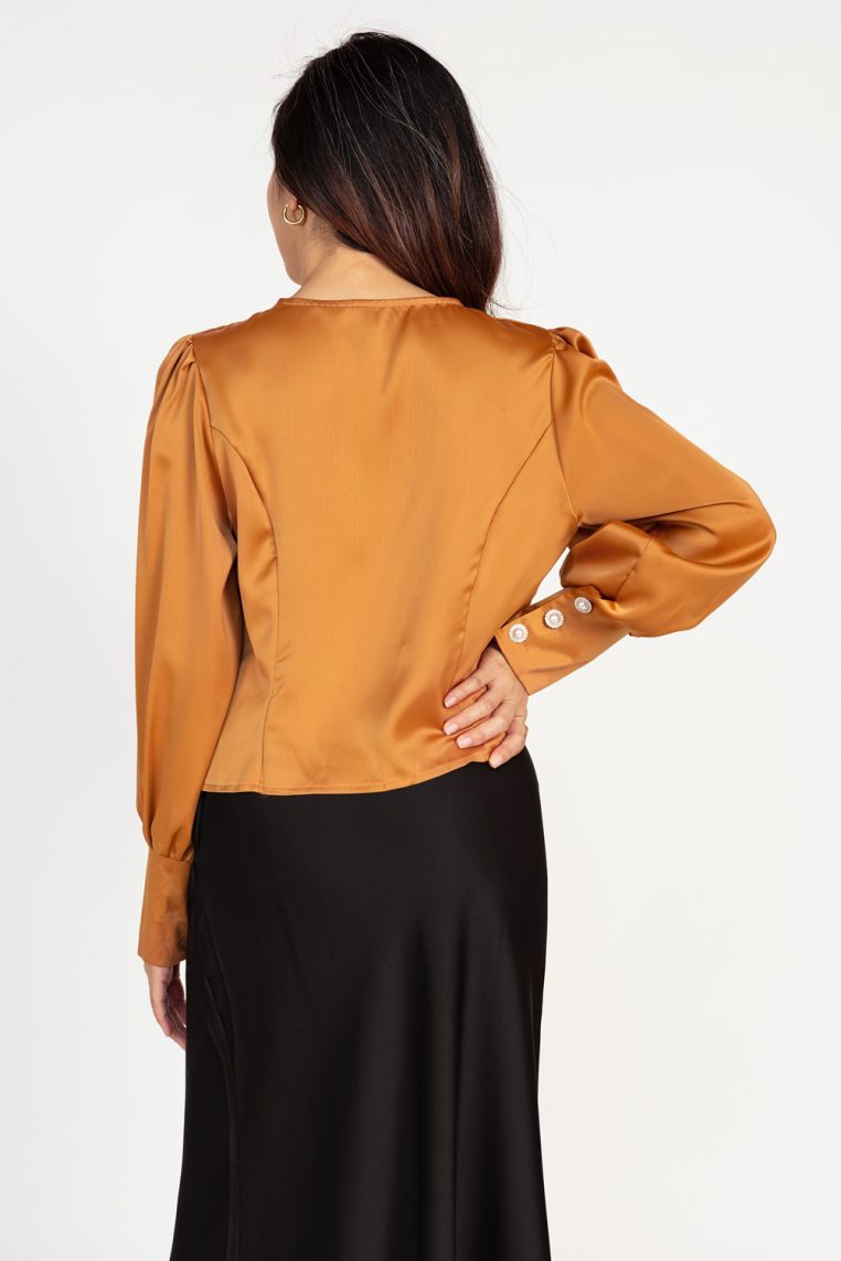 Bishop Sleeve Satin Button Blouse - Burnt Orange - Image 7