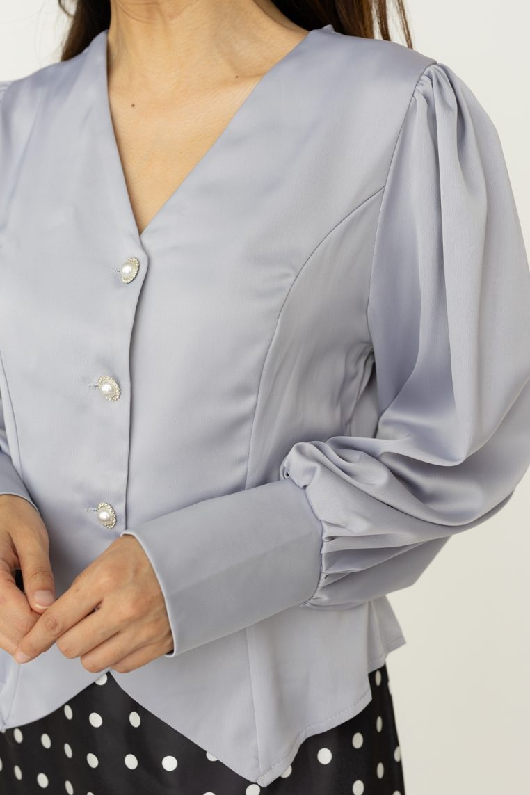 Alternative view of Bishop Sleeve Satin Button Blouse - Grey