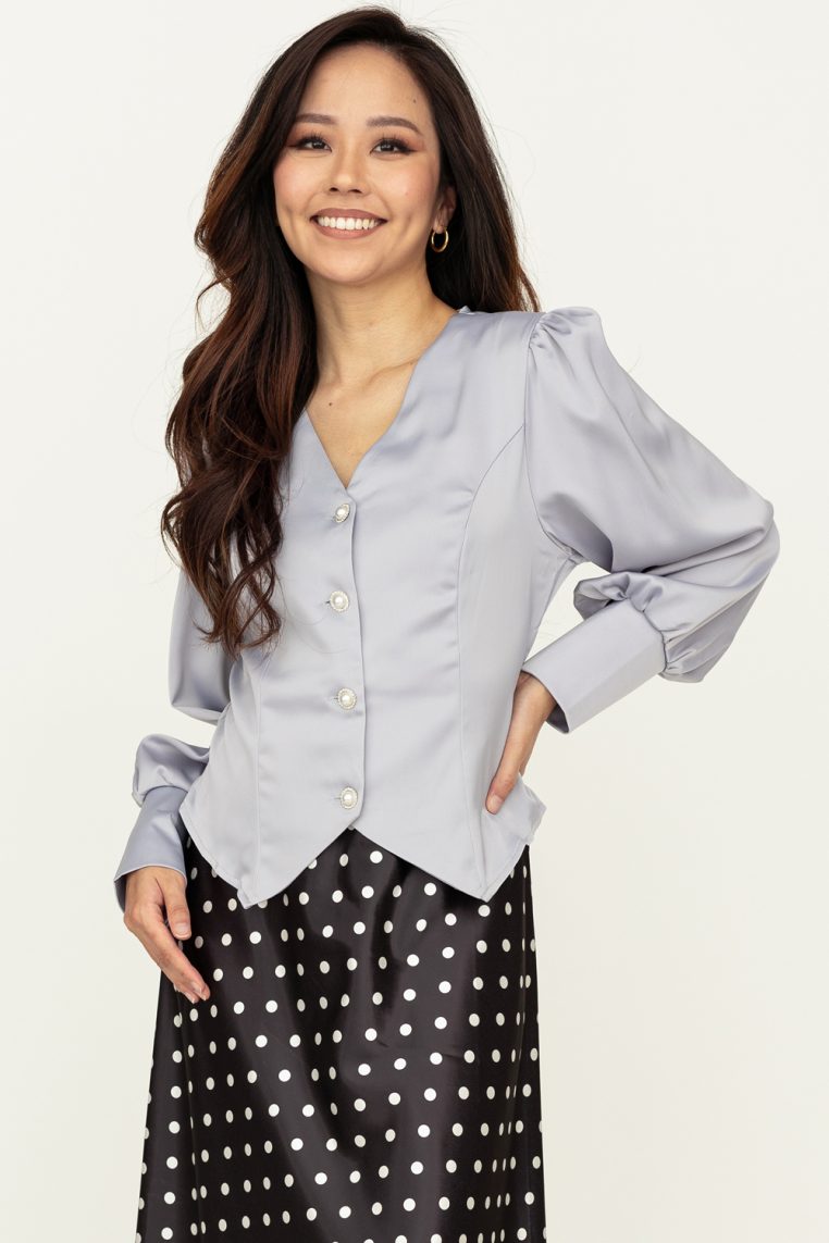 Bishop Sleeve Satin Button Blouse - Grey