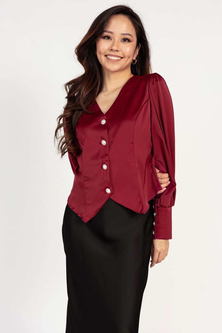 Bishop Sleeve Satin Button Blouse - Maroon