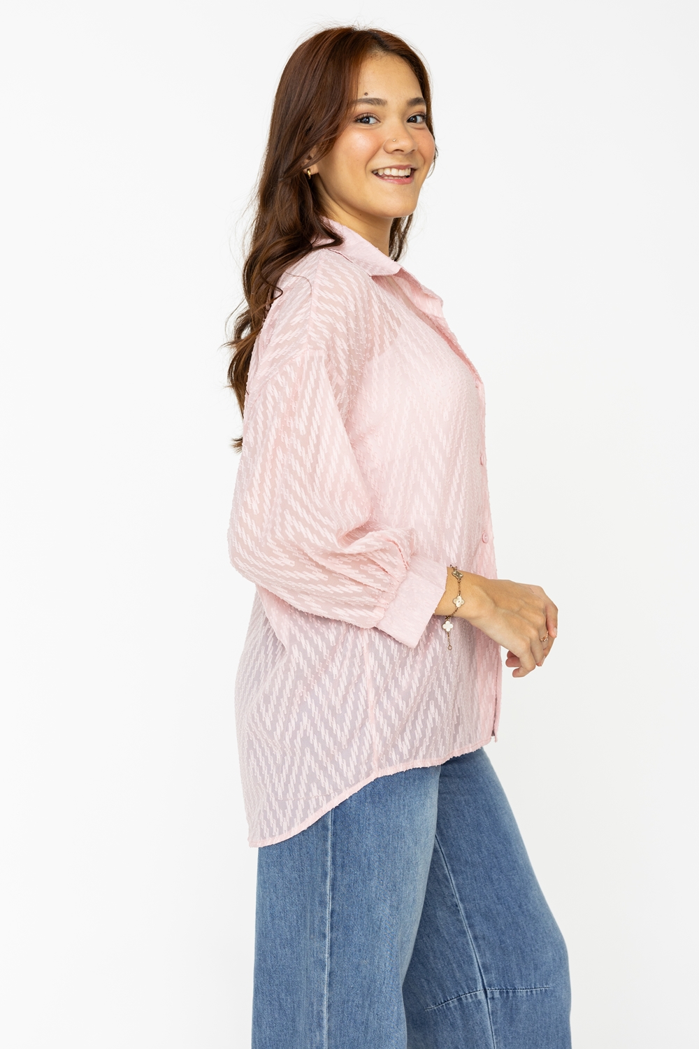 Textured Sheer Button Shirt - Pink - Image 6