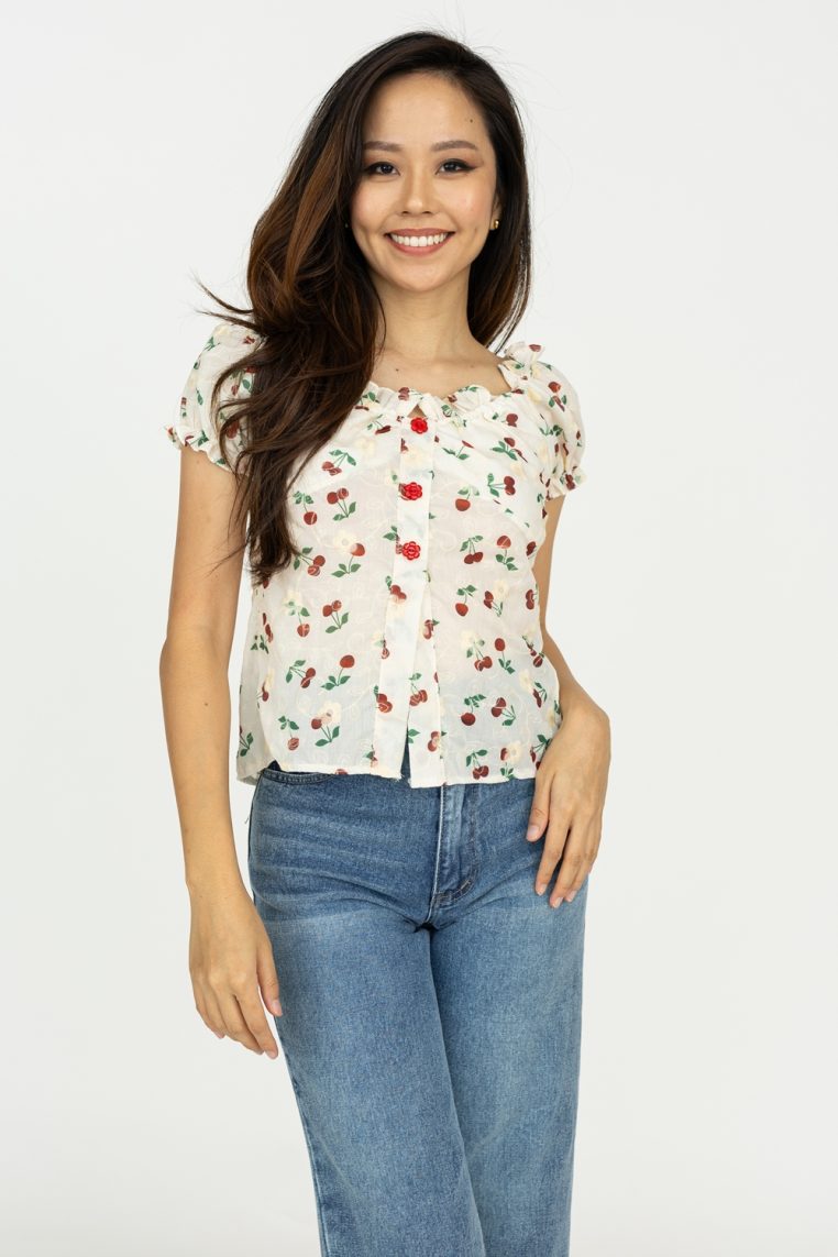 Flower Button Embroidered Top - Cherry