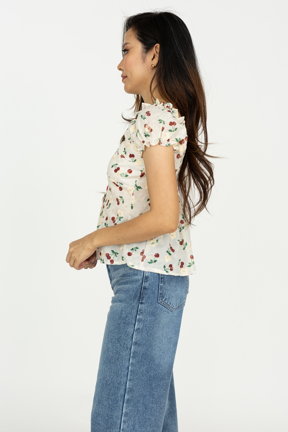 Flower Button Embroidered Top - Cherry - Image 5
