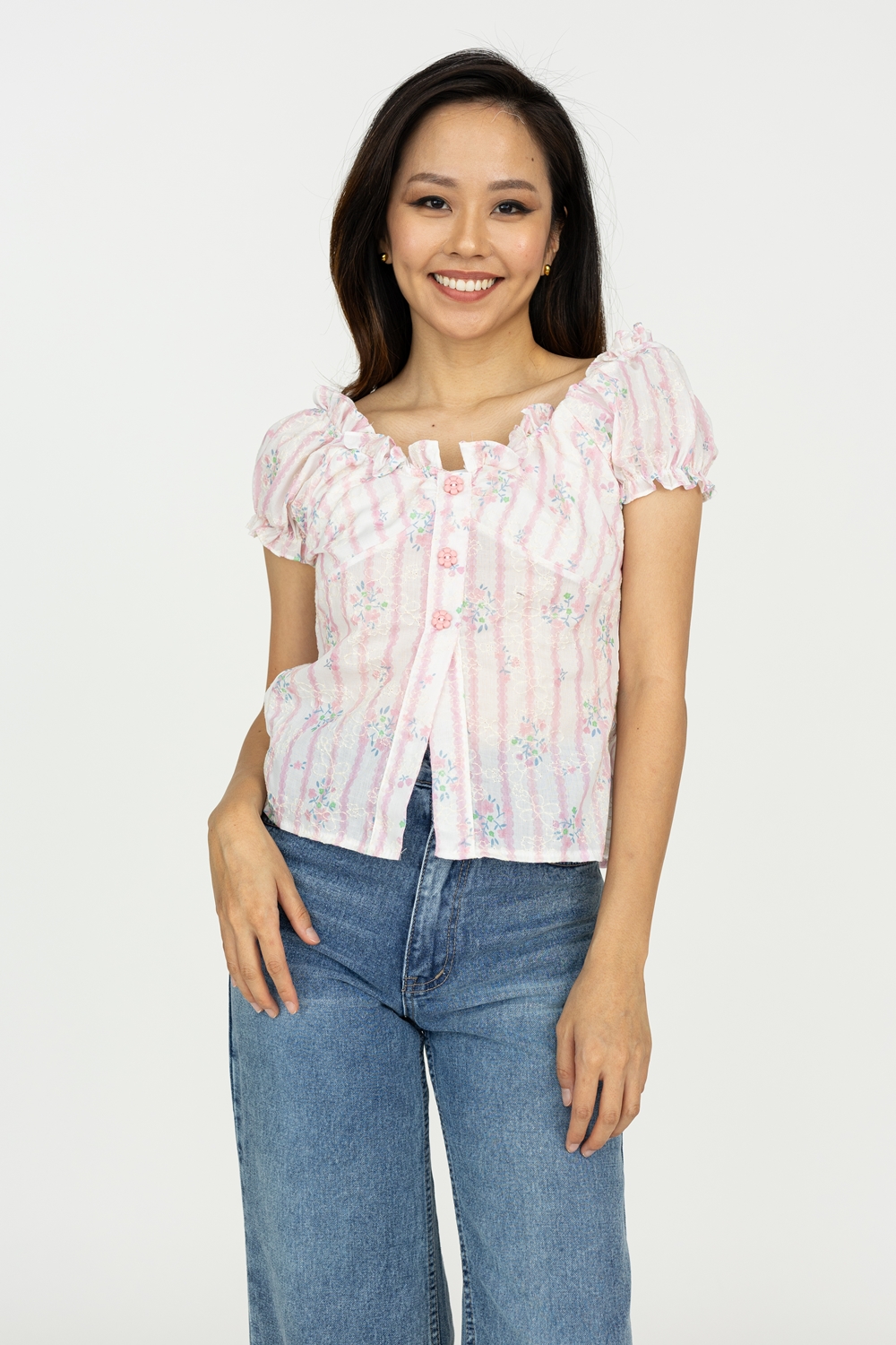 Flower Button Embroidered Top - Stripes
