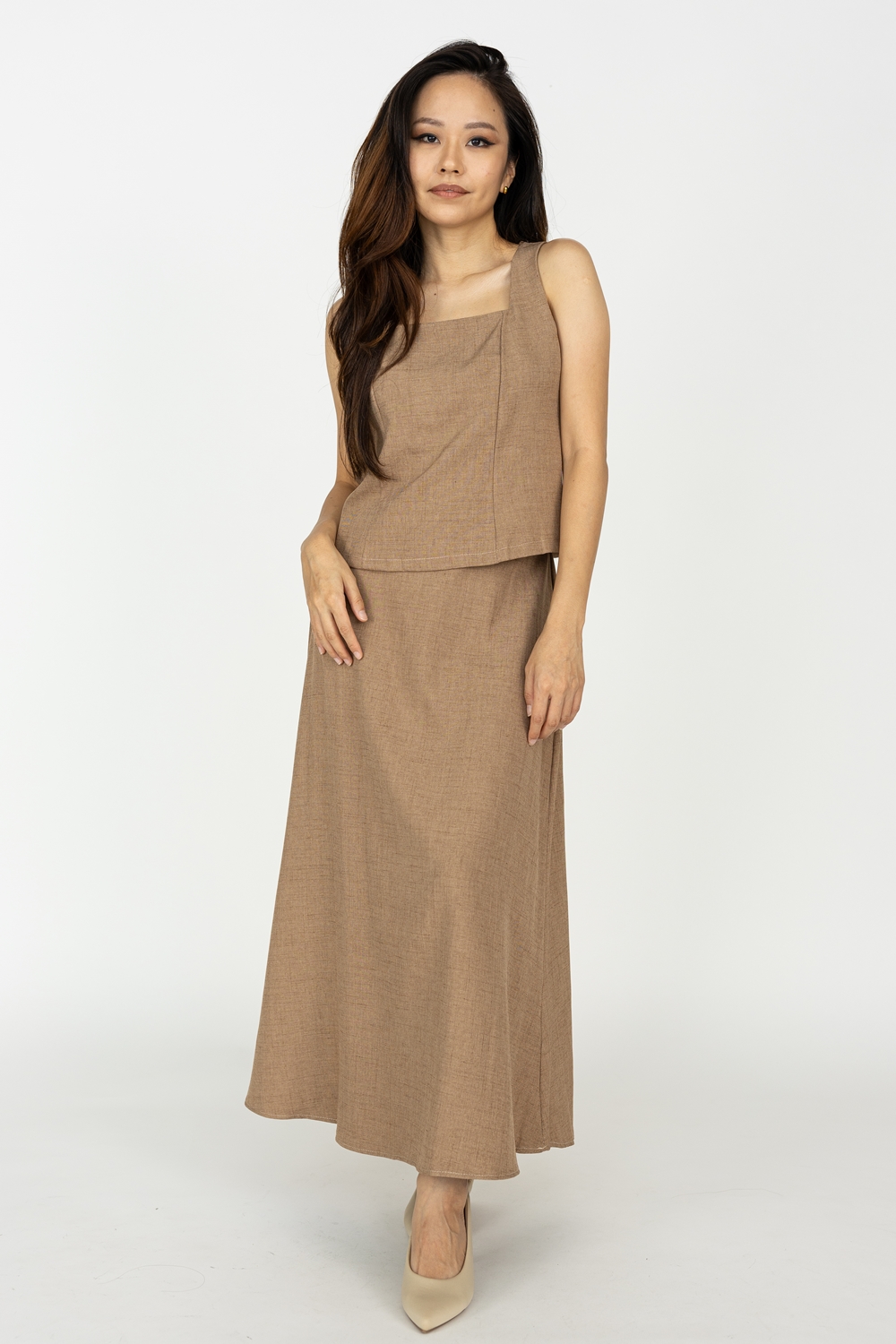 Square Neck Blouse and Maxi Skirt Co-ord Set - Light Brown - Image 3