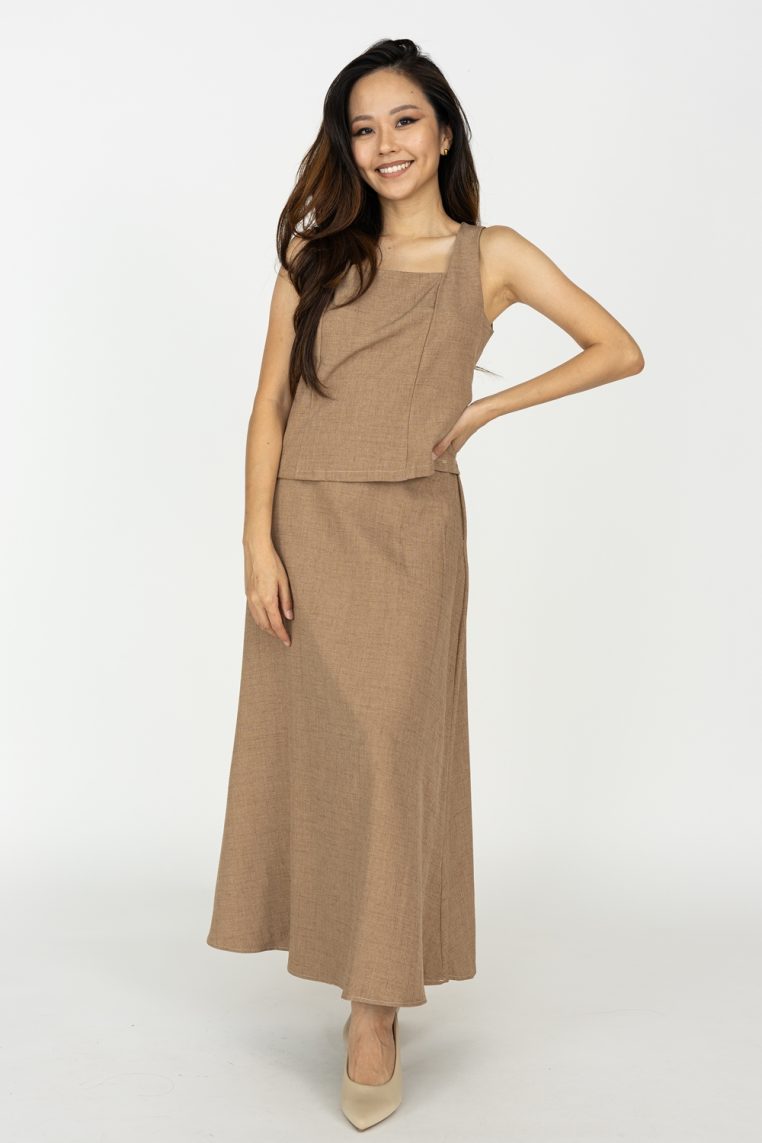 Square Neck Blouse and Maxi Skirt Co-ord Set - Light Brown - Image 4