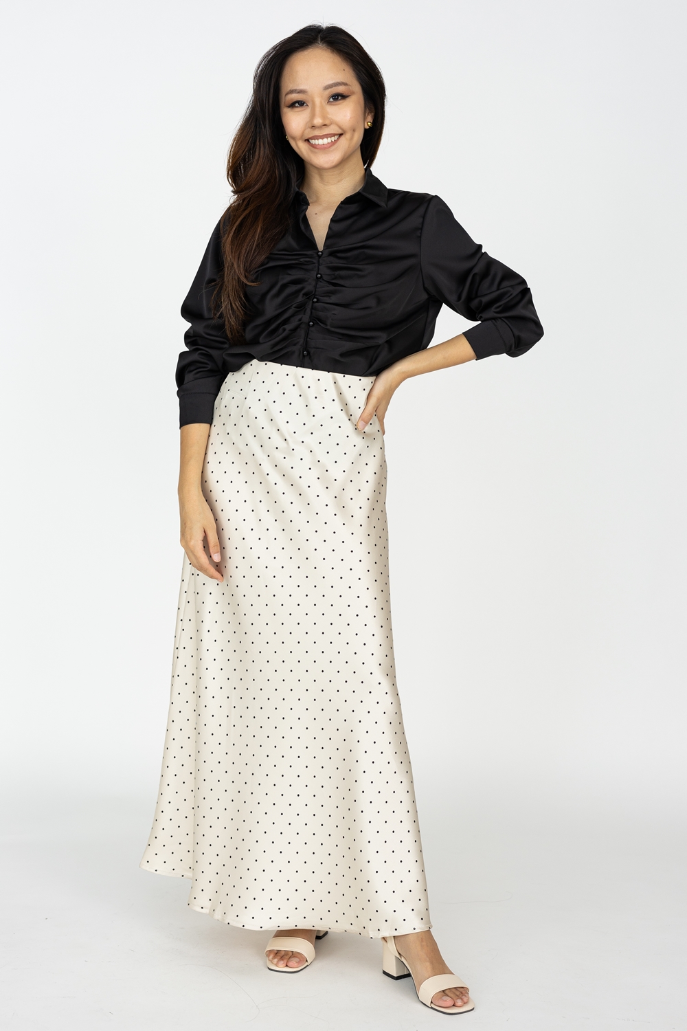 Mini Polka Dot Satin A Line Maxi Skirt - Champagne