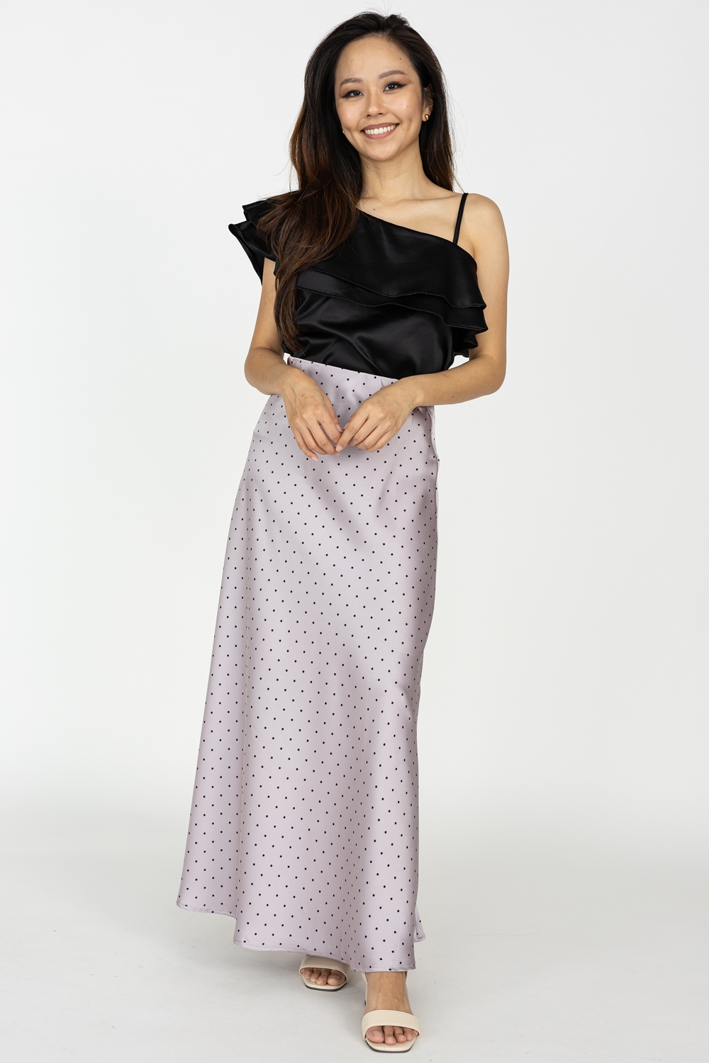 Mini Polka Dot Satin A Line Maxi Skirt - Lilac