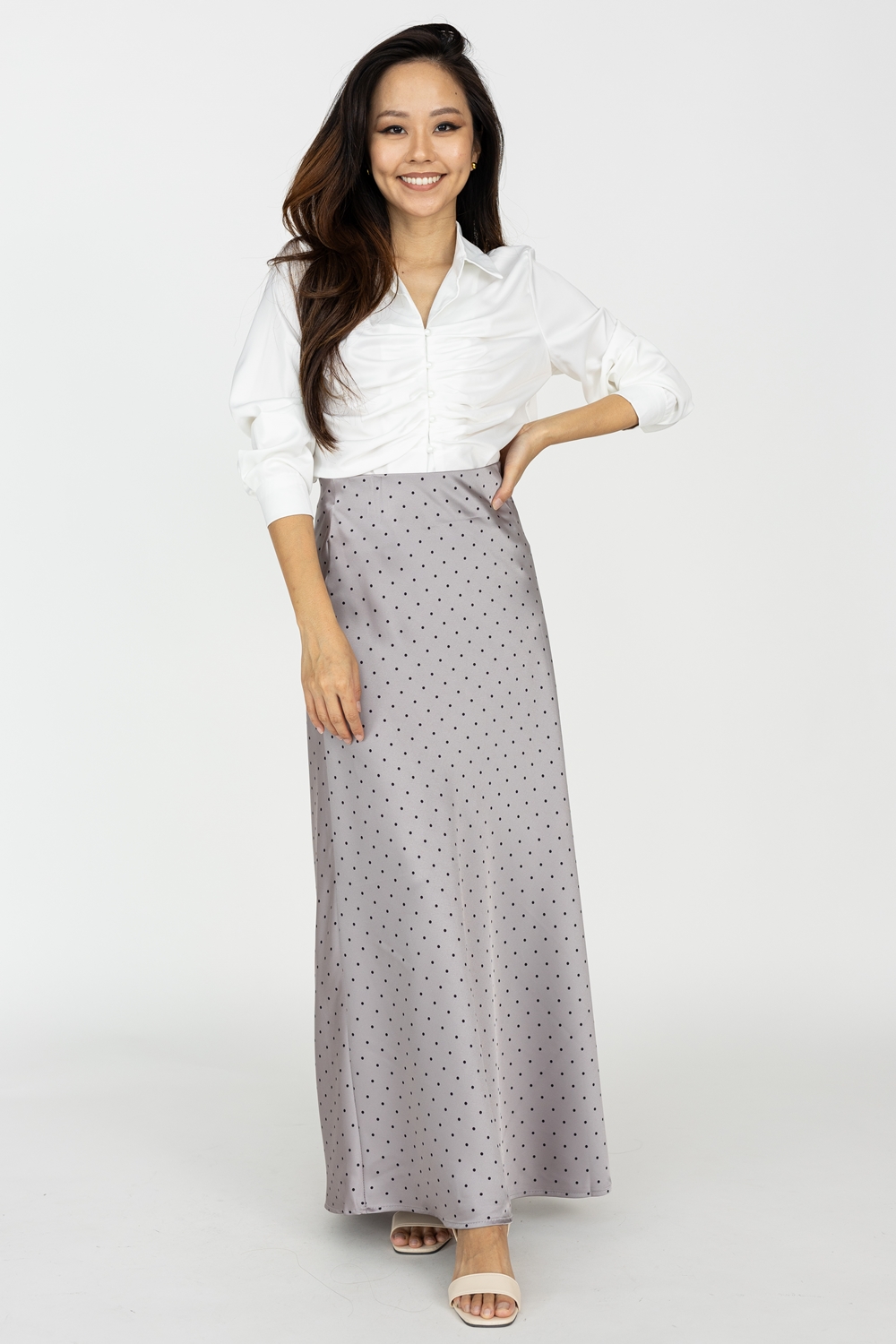 Mini Polka Dot Satin A Line Maxi Skirt - Lilac Grey - Image 3