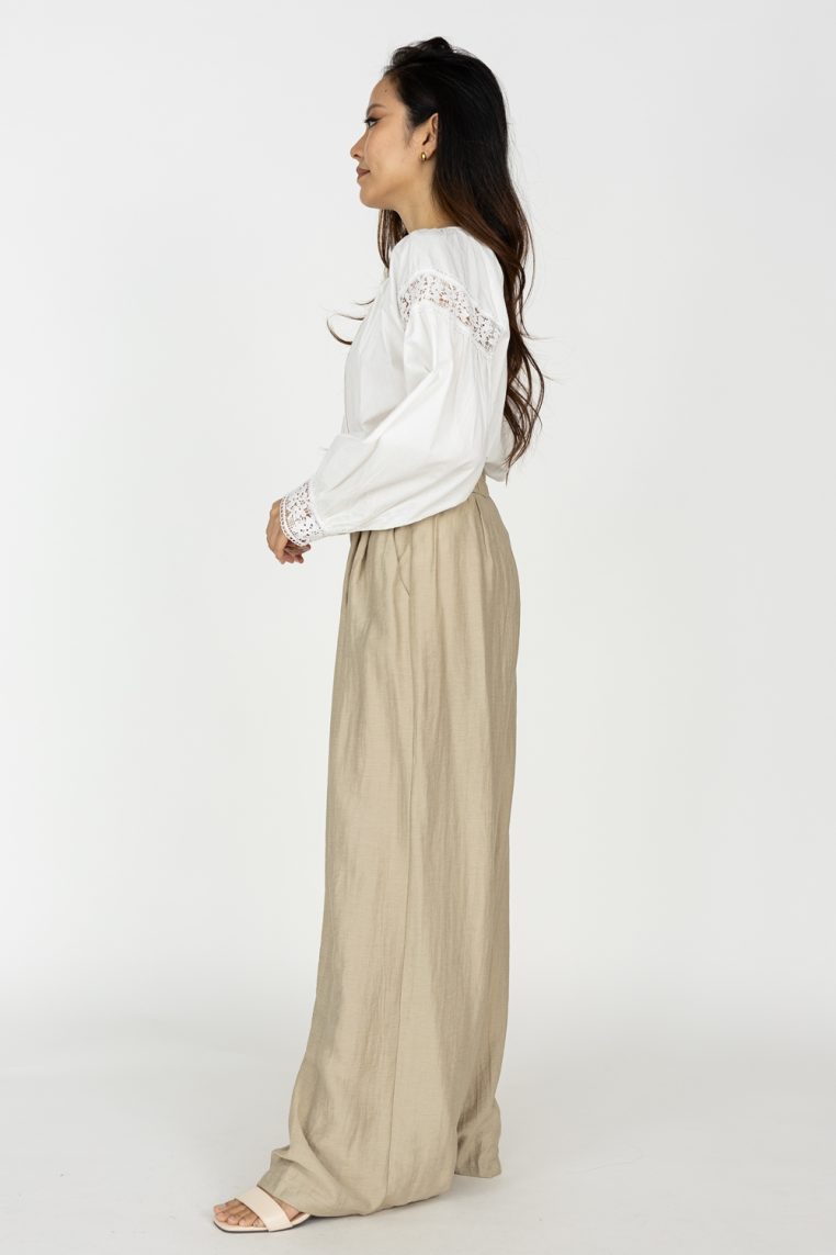 Linen Wide Legged Pants - Khaki - Image 4