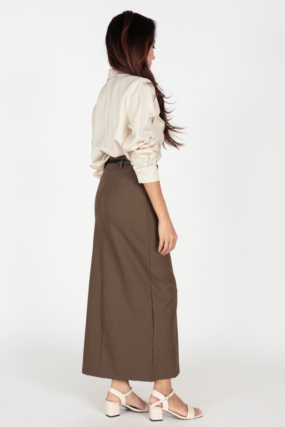 Front Slit Pencil Skirt with Belt - Brown - Image 2