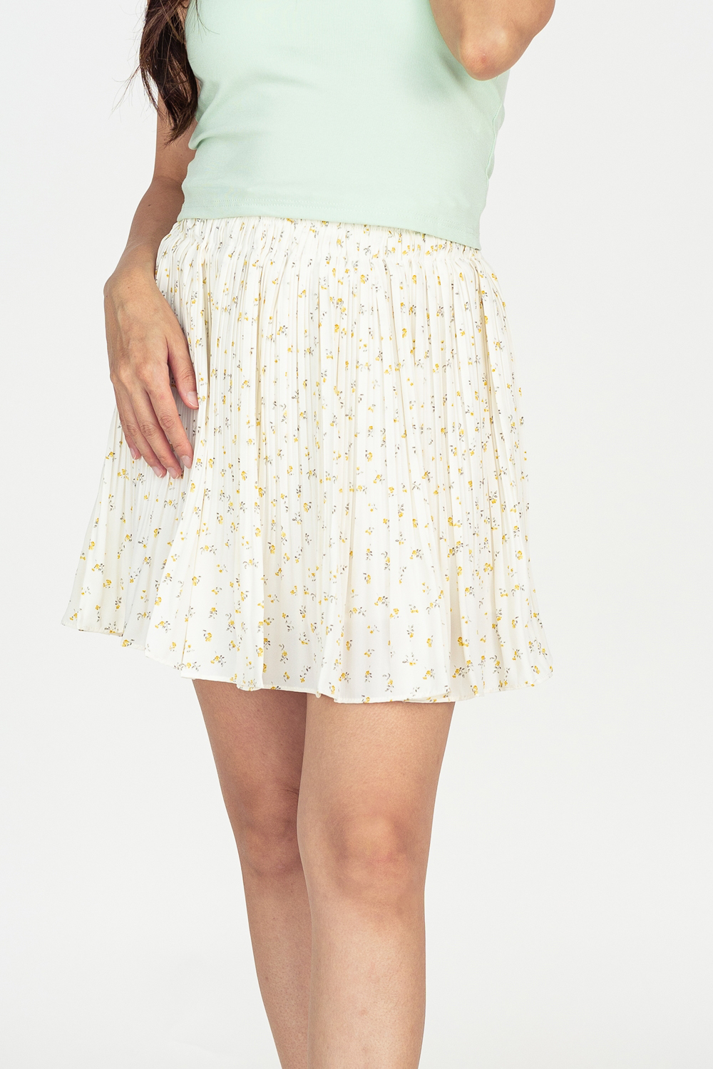Yellow Floral Pleated Mini Skirt - Cream