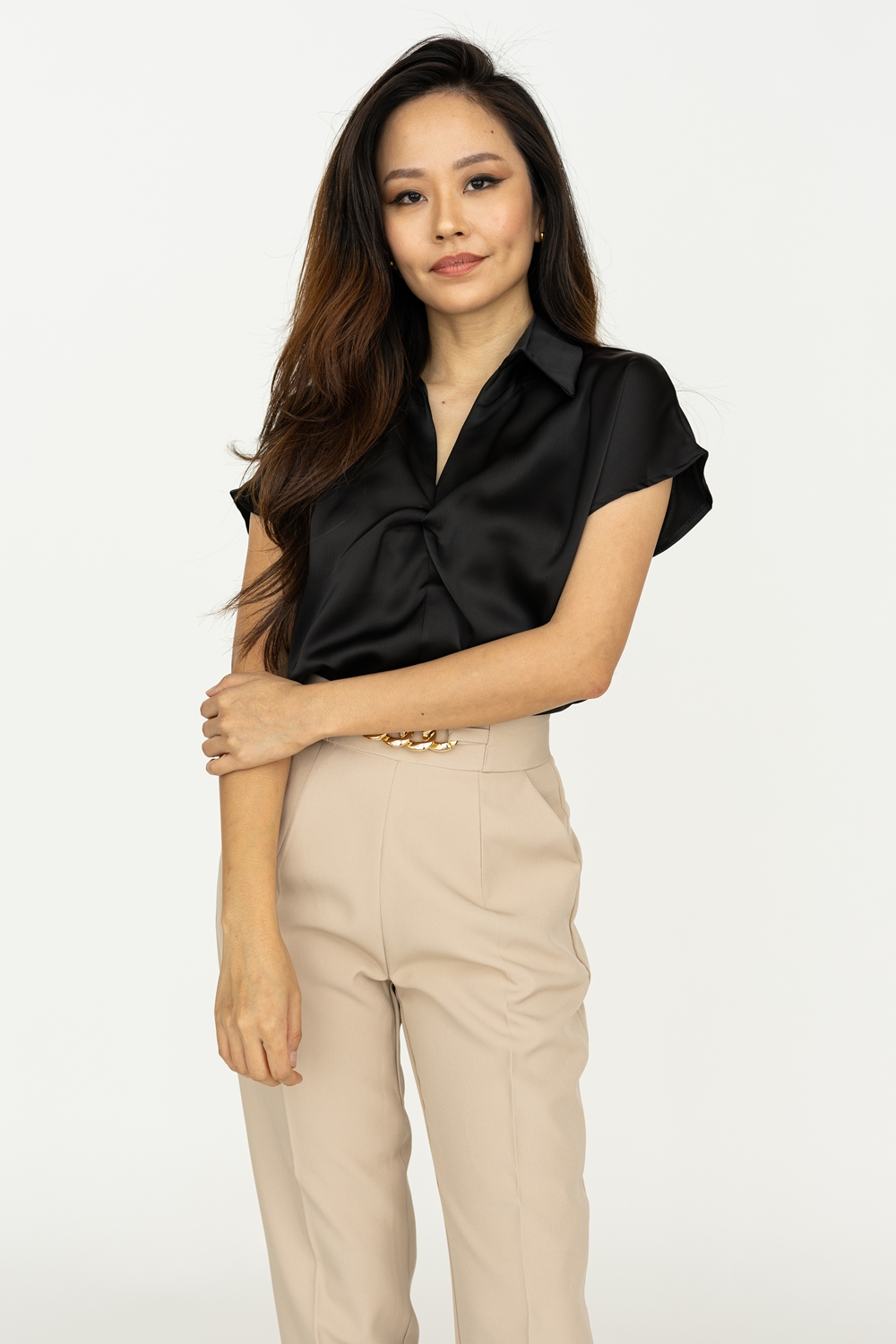 Twist Front Short Sleeve Satin Blouse - Black - Image 4
