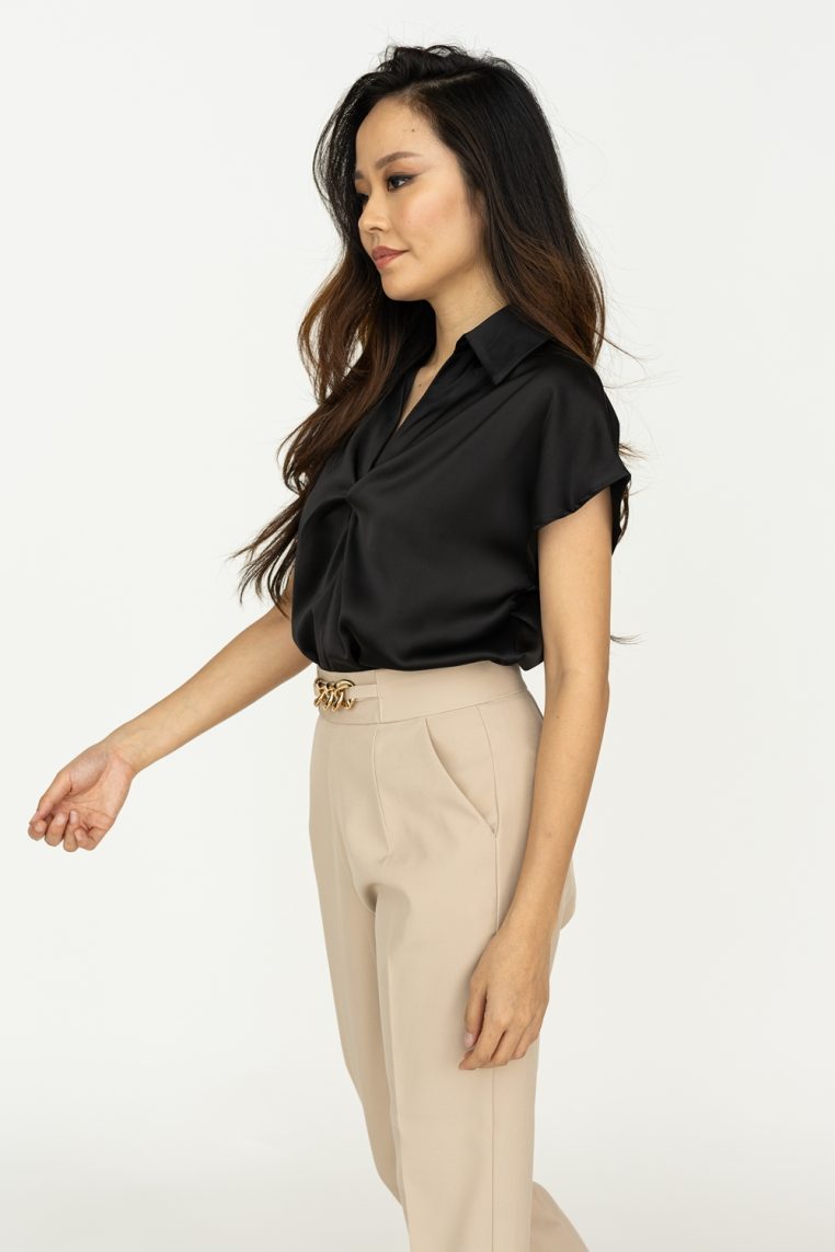 Twist Front Short Sleeve Satin Blouse - Black - Image 5